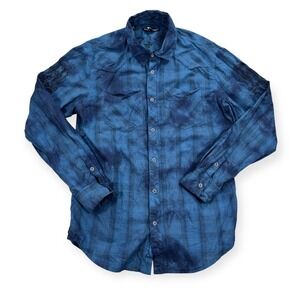 Affliction Shirt Men's XL Blue Tie Dye Plaid‎ Long Sleeve Button Up Spell Out